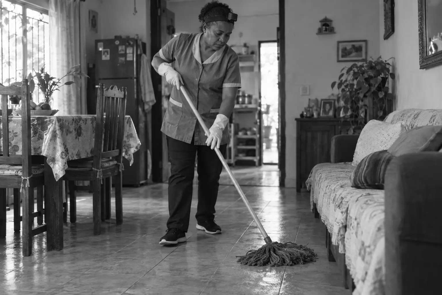 Persona limpiando una casa con una pequeña cámara en la cabeza